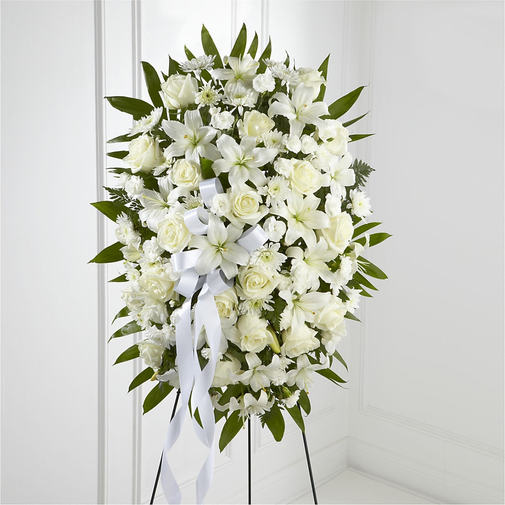 Exquisite Tribute Standing Spray-White Ribbon – Central Market Florist #138, Latham NY