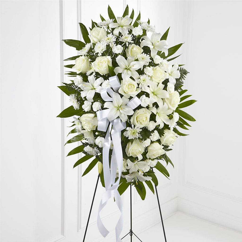 Exquisite Tribute Standing Spray-White Ribbon – Central Market Florist #138, Latham NY